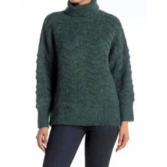 FRNCH Paris Women's Chunky Knit Oversized Turtleneck Sweater Green S/M MSRP $98 - Picture 1 of 5